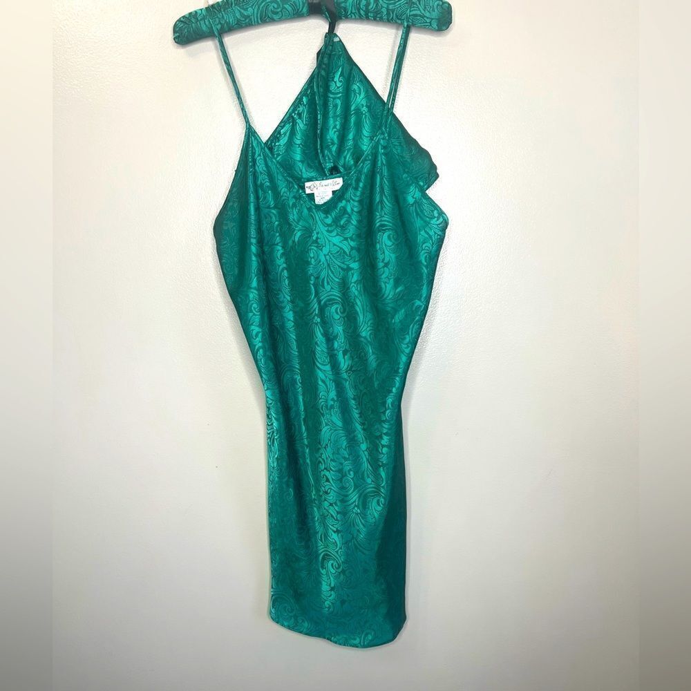 90’s Y2K green paisley negligee mini slip dress medium satin feminine‎ boudoir